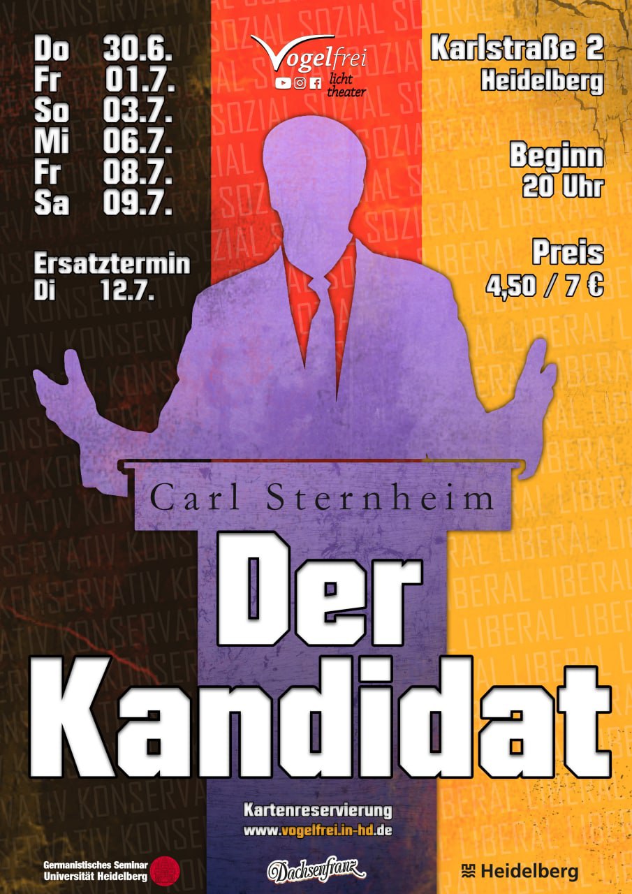 Aufführungsplakat »Der Kandidat«: Eine lilafarbene Silhouette steht an einem Rednerpult vor einer Deutschlandflagge.